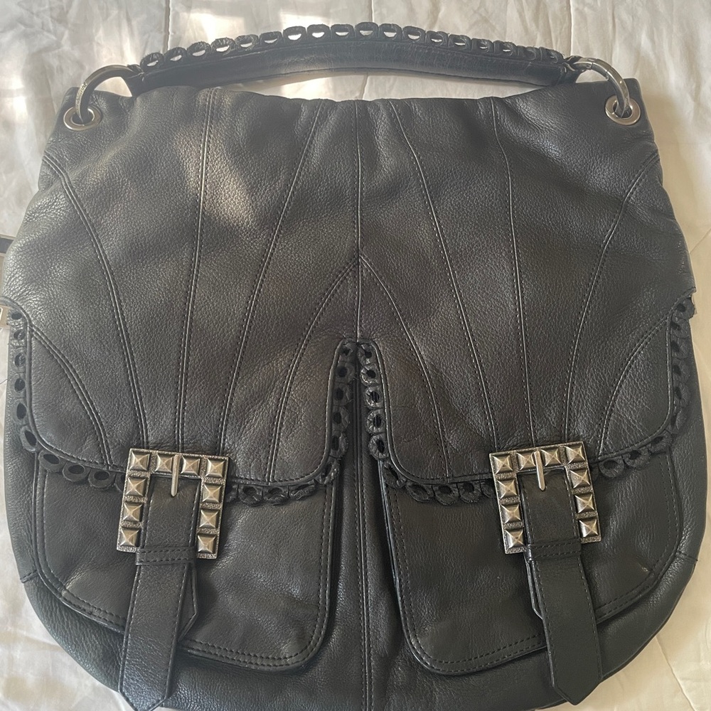 Betsey Johnson Black Studded Genuine Leather Shoulder Bag